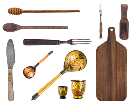 Top view of Vintage wooden cutlery. Vintage cutlery. Isolated on white background.の写真素材