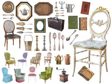 Huge set of antique items.Vintage household items, silverware, furniture and more. Isolated on white background.の写真素材