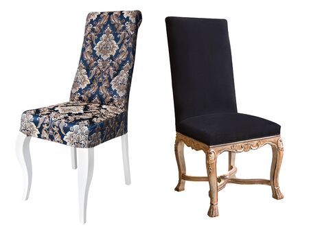 Two vintage white wooden chairs with blue and black upholstery. Retro style. Vintage furnitureの写真素材
