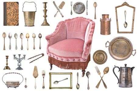 Set of beautiful antique items, picture frames, furniture, silverware. Retro. Vintage. Isolated on white background.の写真素材
