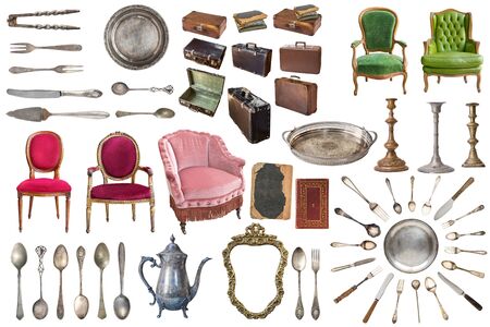 Set of gorgeous old vintage items. Old dishes, appliances, kettles, chairs, books, coffee grinder, candlesticks, picture frames. Isolated on white background.の写真素材