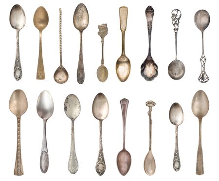 Vintage spoon, fork and knife on the background of the old colored boards.の写真素材
