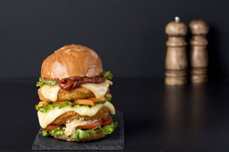 Homemade chicken burger with fried egg tomato lettuce cucumber dripping mozzarella on cutting board vertical orientation. Copy spaceの写真素材