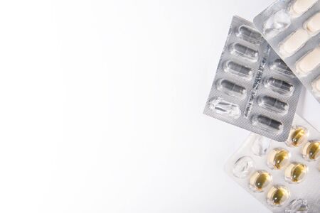 Medications on white background. Concept of Health Care. Copy space.の写真素材