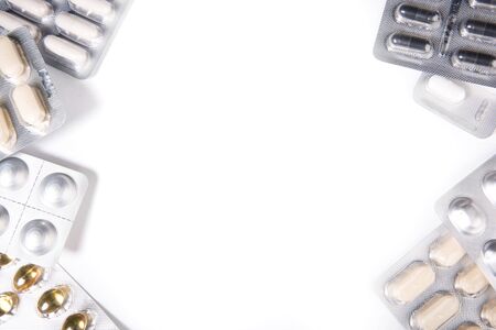 Medications on white background. Concept of Health Care. Copy space.の写真素材