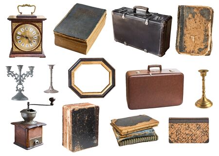 Set of a huge amount gorgeous old vintage items. Old books,desk clock, candlesticks. Isolated on white background.の写真素材