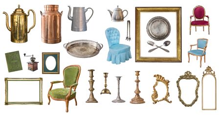 Set of beautiful antique items, picture frames, furniture, silverware. Retro. Vintage. Isolated on white background.
の写真素材
