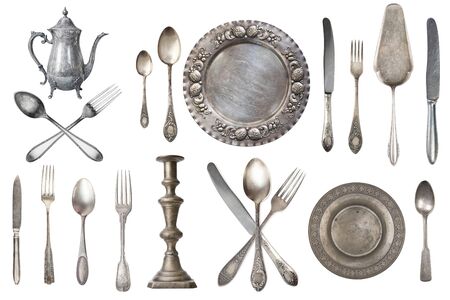 Set of a huge amount gorgeous old vintage items. Old dishes, appliances, kettles, chairs, books, coffee grinder, candlesticks, picture frames. Isolated on white background.の写真素材