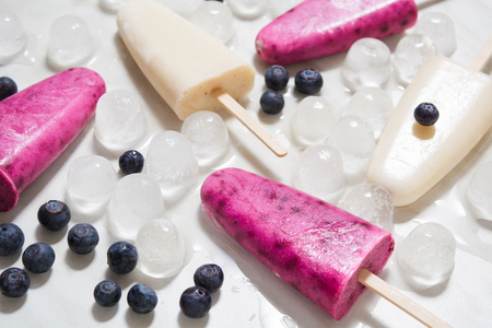 Homemade lolly with yogurt, banana, honey and blueberryの写真素材