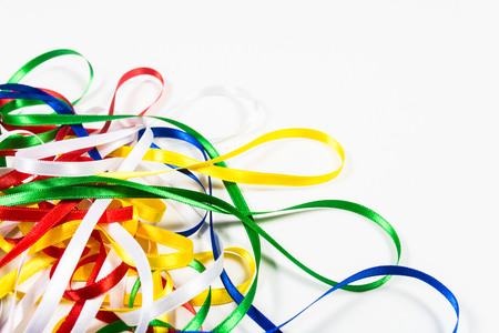 Many color ribbons on white background with copy spaceの写真素材