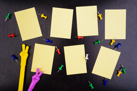 Weekly schedule with pins and two pens on black table