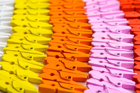 Colorful wooden small pegs lines with selective focusの写真素材