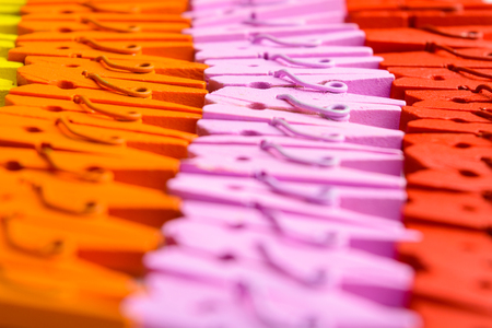 Background of colorful wooden small pegs lines with selective focusの写真素材
