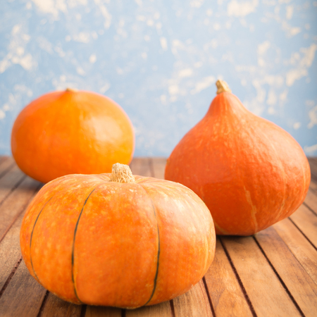 Three pumpkins on blue background on wooden table, square shotの写真素材