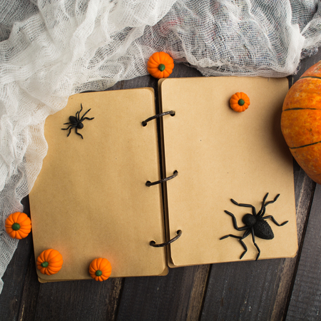 Overhead view of vintage notebook and halloween decoration on wooden tableの写真素材