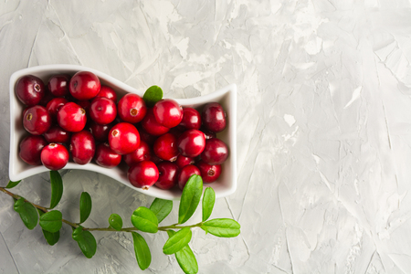 Fresh cranberry in figure saucepan on grey cement background with copy spaceの写真素材