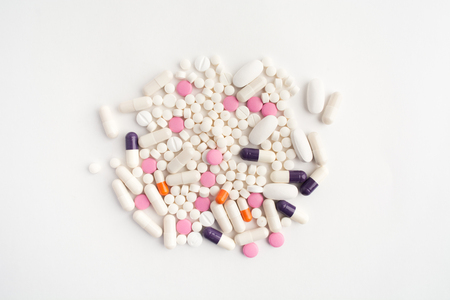 Different pharmacy pills in circle over white background with copy spaceの写真素材
