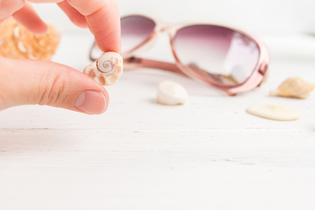 One old shell in female fingers with glasses on the background with copy space; selective focusの写真素材
