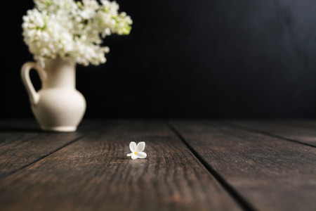 One flower of white lilac in focus  over wooden background with copy space, loneliness conceptの写真素材