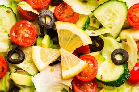 Mix green and red vegetables in salad texture background, flat alyの写真素材