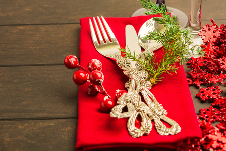 New Year and Christmas decoration for table with silverware, closeup view, selective focusの写真素材