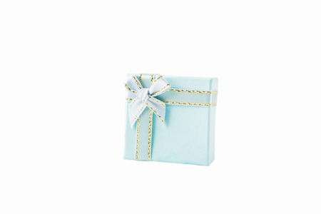 Isolated blue gift boxes on white background, selective focusの写真素材