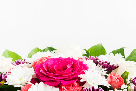 Spring and summer flowers bouquet for holiday on white background with copy spaceの写真素材