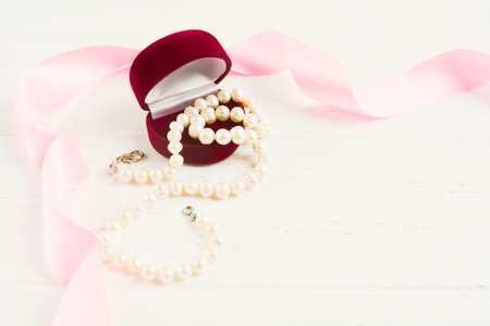 Opend red gift box with necklace for present with copy spaceの写真素材