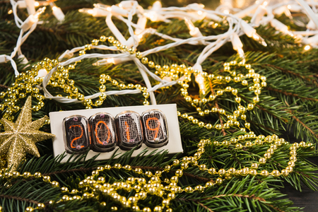2019 garland with Christmas decoration on natural fir tree, selective focusの写真素材