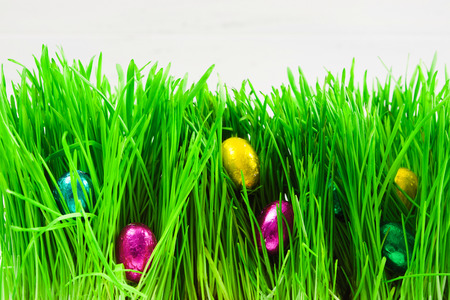Colorful Easter eggs in bright natural green grass, selective focusの写真素材