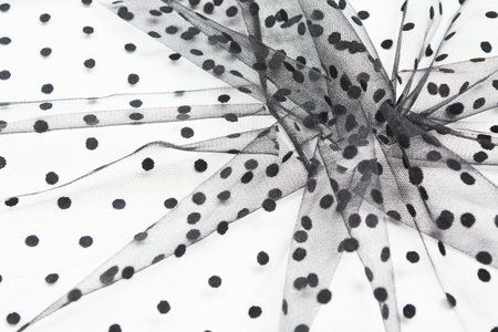 Abstract surface of black tulle fabric textile with drapery on white background. Selective focusの写真素材