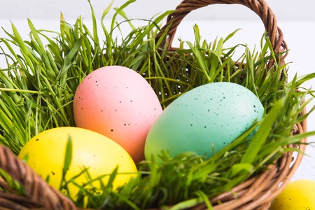 Closeup view of colorful pastel eggs. Easter decoration concept. Basket with painted eggs for Easter hunt. Selective focusの写真素材