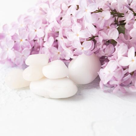 Aromatherapy and spa concept with white stones and lilac flowers with copy space. Selective focus. Nature background. Square shotの写真素材