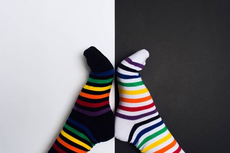 Funny legs with white and black striped new clean colorful textile socks. Fashion accessories for feet with negative background with copy space. Flat layの写真素材