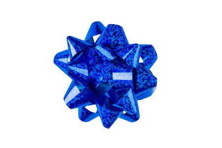 Blue paper holiday bow over white isolated background. Single object. Mockup. Top view. Decoration for presentの写真素材