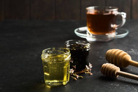 Two type of honey - buckwheat and flowers honey. Copy space. Healthy organic food. Allergy natural foodの写真素材