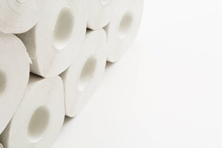 Wall of toilet paper rolls with copy space. Quarantine shopping concept. Covid-19, coronavirus. Soft focusの写真素材