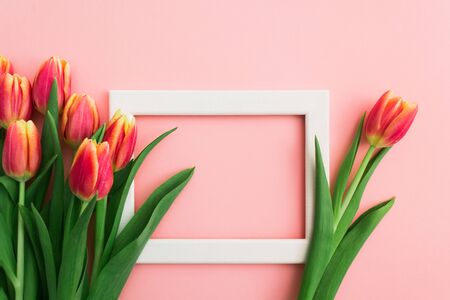 Beautiful spring bouquet of tulips with white wooden frame. Copy space. Pink flower holiday art design background. Empty space for text. Spring sale. Flat lay. Top viewの写真素材