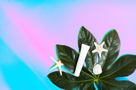 White plastic tube mockup on green tropic leaf with sea decoration on unusual blue and pink duocolor background. Copy space. Flat layの写真素材