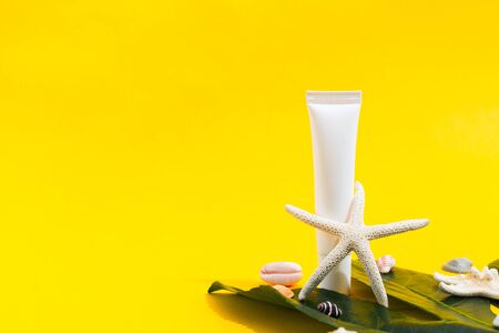 Mockup white tube with sea star and green leaf on yellow background. Copy spaceの写真素材