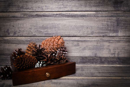 Christmas still life background with cones. Copy space