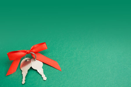 Two metal key with red bow over green background with copy spaceの写真素材