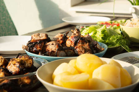 Picnic outside with barbeque meet and fresh vegetables in summer timeの写真素材