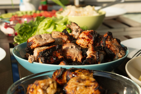 Picnic outside with barbeque meet and fresh vegetables in summer timeの写真素材