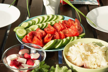 Picnic outside with fresh vegetables for vegetarians in summer time
