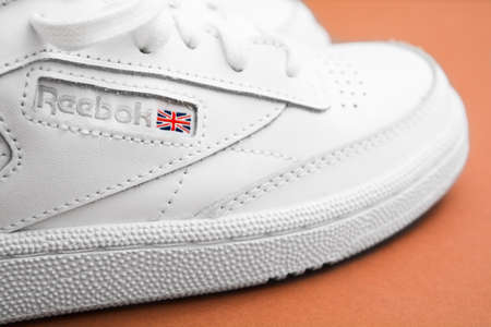Russia, Saint-Petersburg - June 4, 2020: Closeup of Reebok logo of sneakerのeditorial素材