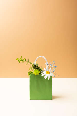Paper bag with beautiful summer garden flowers and plants on beige backgroundの写真素材
