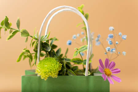 Paper bag with beautiful summer garden flowers and plants on beige backgroundの写真素材