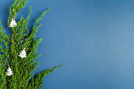 Christmas decoration on green branch of fir tree on blue backgroundの写真素材