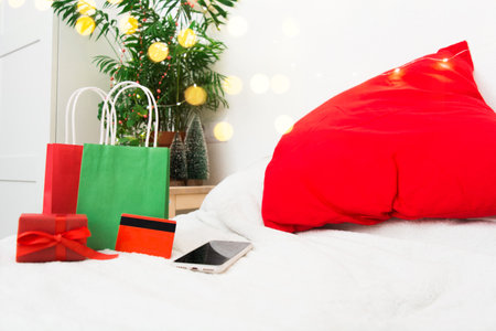 Christmas background with gift bags. Christmas sale and shopping conceptの写真素材